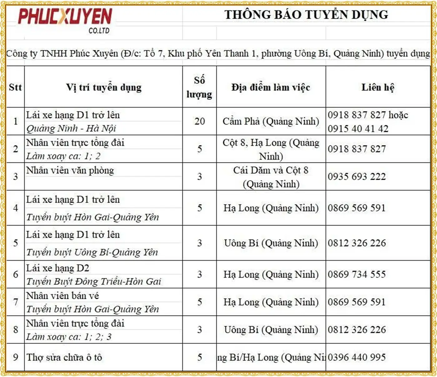 Quảng ninh tuyển lái xe, trực tổng đài, nhân viên văn phòng